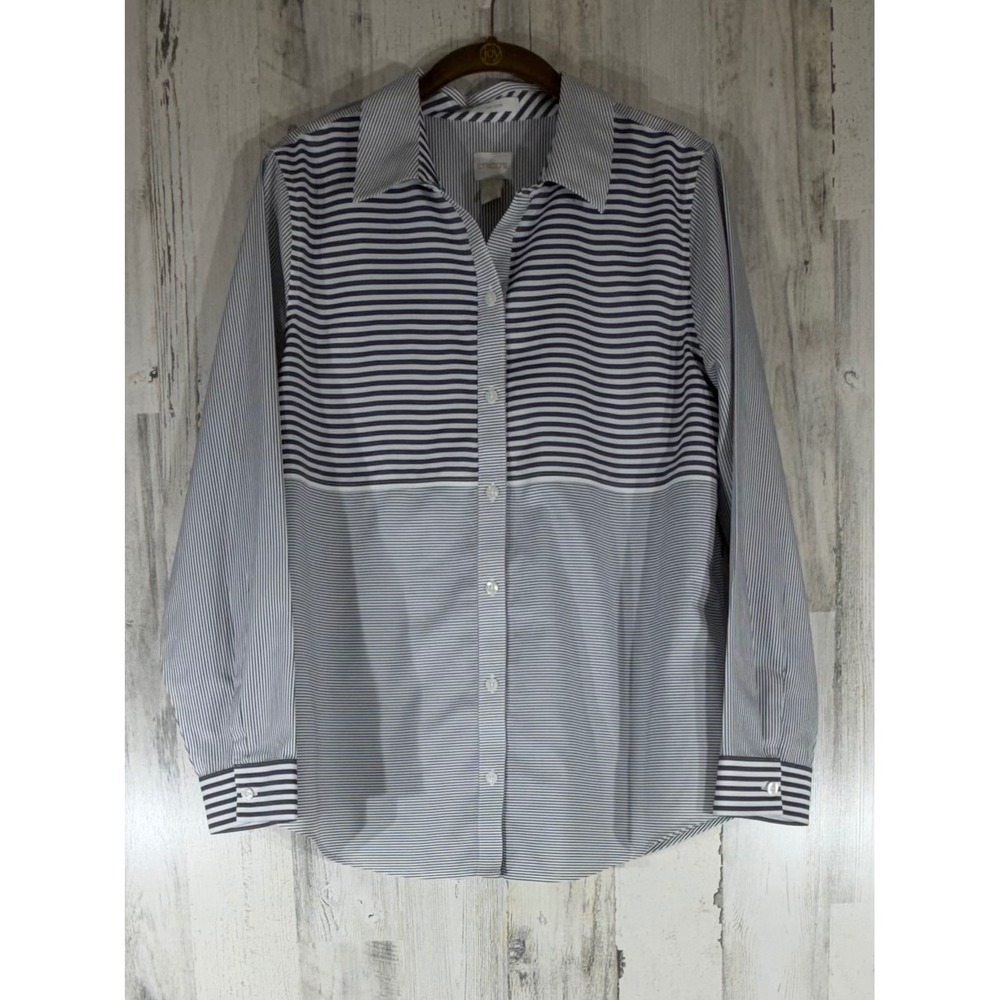 Chicos No-Iron Button Down Shirt Size 1 or Medium Gray White Mixed Stripe Cotton